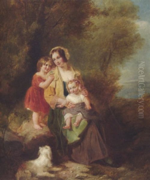 Mutter Mit Ihren Zwei Kindern Und Einem Kleinen Hund Oil Painting by James John Hill