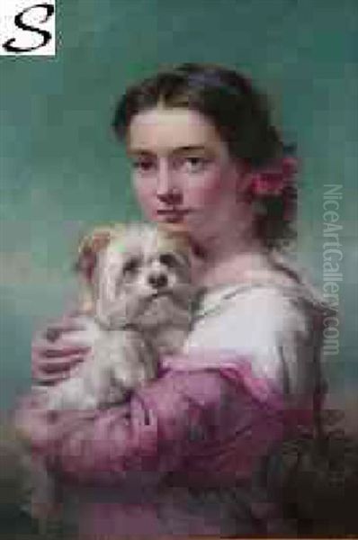 Young Woman In Pink Dress Holding A Terrier Oil Painting by James John Hill