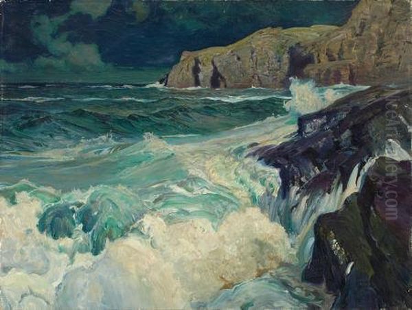 Surf Against Rocks Oil Painting by Mcclelland Barclay