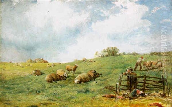 Pastoral Scene With A Shepherd And His Flock And A Child By A Fence Oil Painting by James John Hill