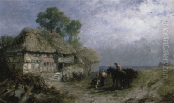 Figures Outside A Cottage Oil Painting by James John Hill