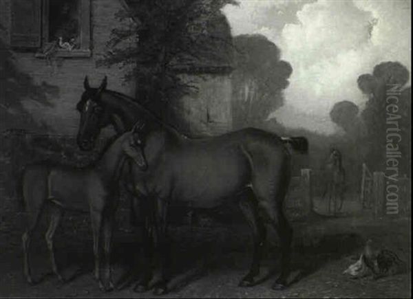 Mare And Foal Near Stable Oil Painting by James John Hill