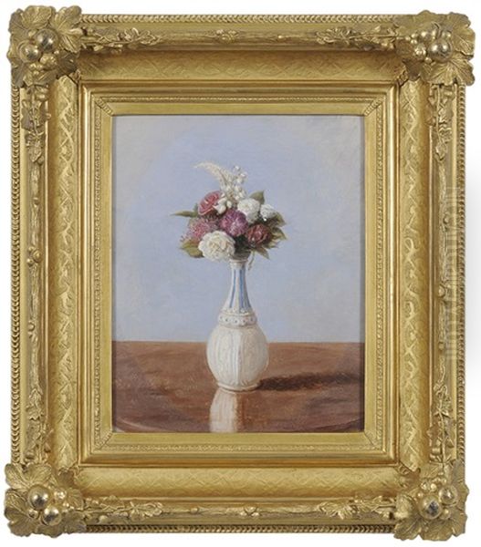 Flowers In A Milk Glass Vase Oil Painting by John William Hill