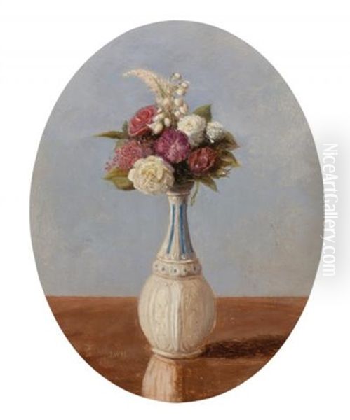 Flowers In A Milk Glass Vase Oil Painting by John William Hill