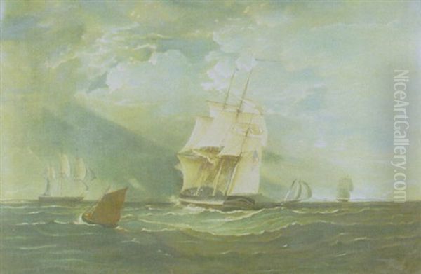 American Ships Off Shore Oil Painting by John William Hill