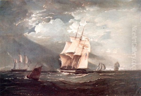 Ships At Sea Oil Painting by John William Hill