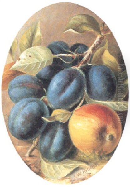 Plums And Apple Oil Painting by John William Hill