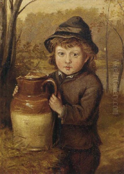 A Young Boy With A Pitcher Oil Painting by Justus Hill