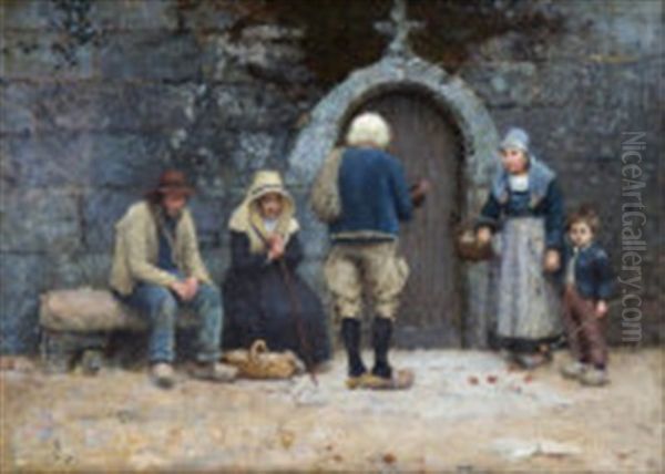 Bretin Peasants At A Convent Door Oil Painting by Nathaniel Hill