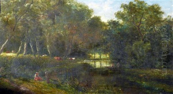 Figures And Cattle In A River Landscape Oil Painting by William Barclay