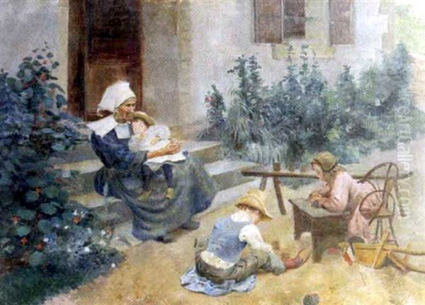 Grand-mere Bretonne Et Ses Trois Petits-enfants Oil Painting by Nathaniel, R.H.A. Hill