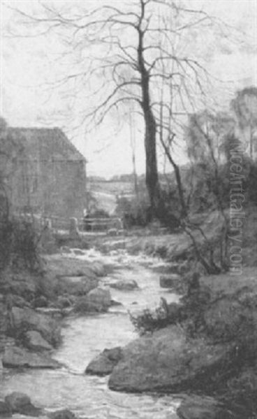 A Stream By A Cottage, Quimperle Oil Painting by Nathaniel, R.H.A. Hill