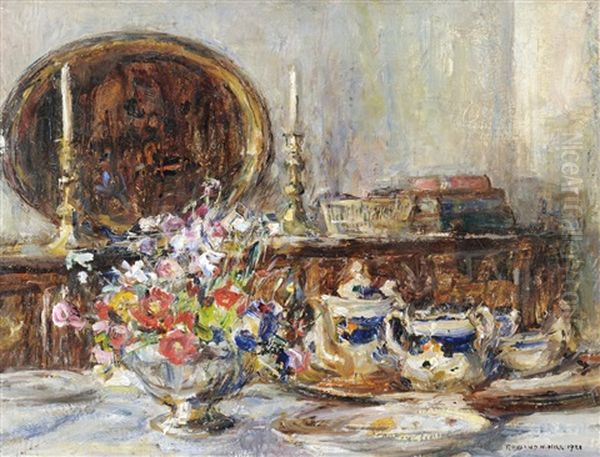 A Still Life Of Assorted Flowers And A Tea Service In A Dining Room Interior Oil Painting by Rowland Henry Hill