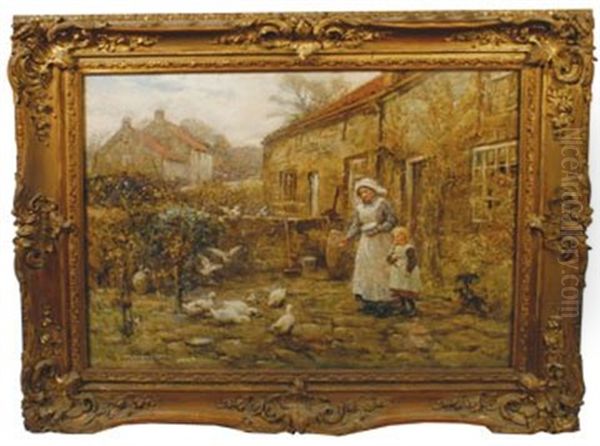 Young Girls Outside A Farmstead With Ducks And Pigeons To The Fore Oil Painting by Rowland Henry Hill