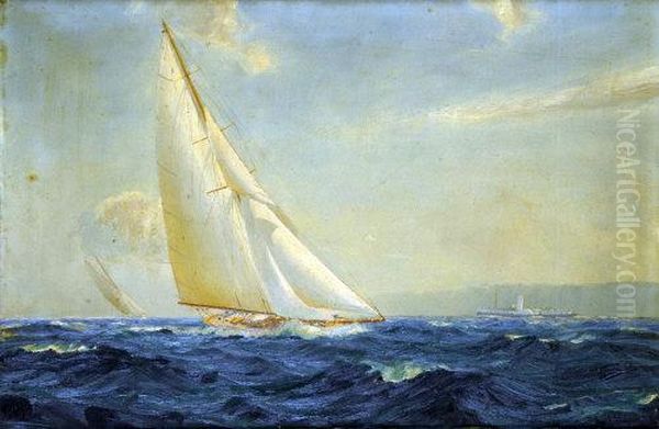 Steam And Sail, Off The Coast, A Racing Yacht In Full Sail Oil Painting by William Barclay