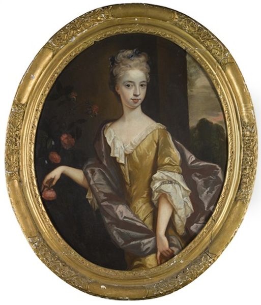 Portrait Of A Lady, Half-length, Wearing A Gold Dress With A Mauve Mantle Oil Painting by Thomas Hill