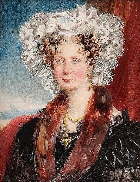 A Miniature Portrait Of Mrs Gideon Newland Wearing A Black Dress With Lace Trim, Fur Stole, Elaborate White Lace Bonnet With Ribbons And Flowers, Gold Necklace And Pendant Earrings, Against A Red Curtain And Open Window To Seascape Oil Painting by William Barclay