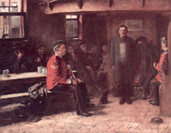 A Tavern Interior With Two British Officers Questioning A Young Man by Thomas Hill