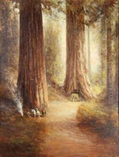 Figures Camping Amongst The Redwoods Oil Painting by Thomas Virgil Troyon Hill