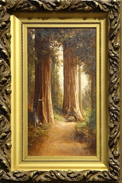 Figures Traveling Through The Redwoods Oil Painting by Thomas Virgil Troyon Hill