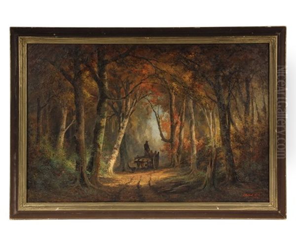 Woodcutter's Wagon In New Hampshire Autumn Woods Oil Painting by Edward Hill