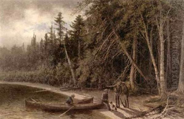 Fishermen At A Wooded Shoreline Oil Painting by Edward Hill