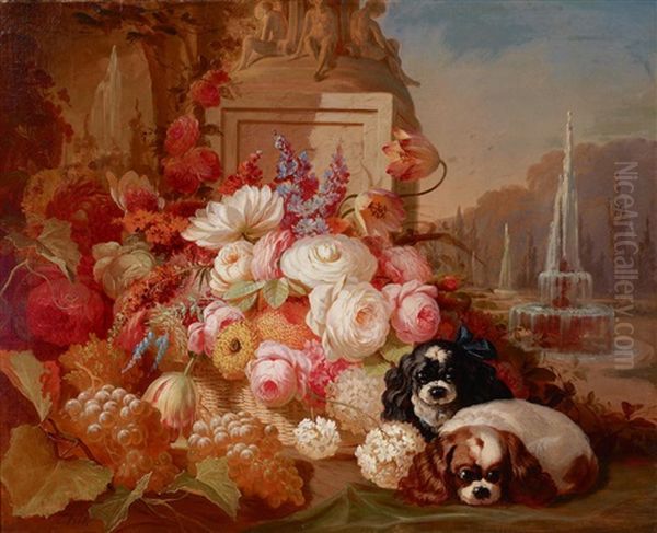 Two Blenheim Cavalier King Charles Spaniels With Flowers Oil Painting by Thomas Hill