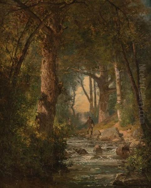 Fishing In A Woodland Stream Oil Painting by Thomas Hill