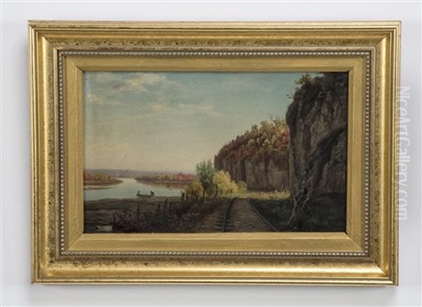 Autumnal Landscape Of A Railroad Pass Beside A Tranquil Lake With Two Figures Conversing In A Canoe Oil Painting by Thomas Hill