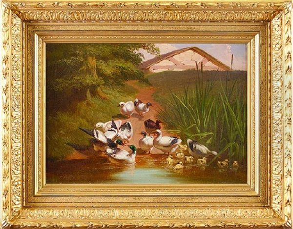 Ducks And Ducklings By A Pond Oil Painting by Thomas Hill