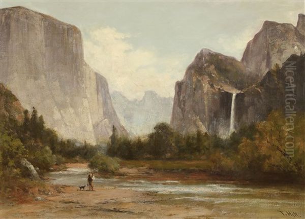 Fishing In Yosemite Valley Oil Painting by Thomas Hill