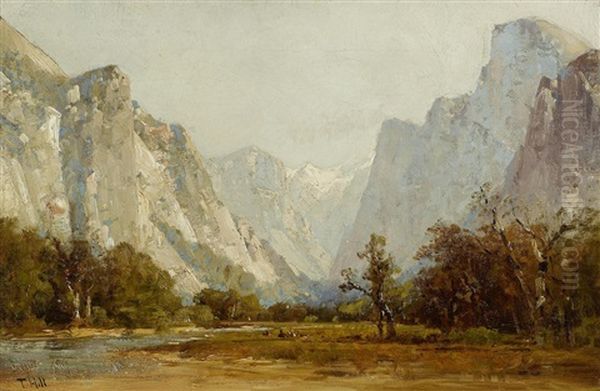 Yosemite Valley With Riders Along The Valley Floor Oil Painting by Thomas Hill