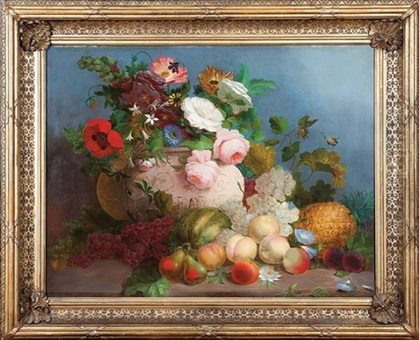 Still Life With Peonies, Poppies, Peaches, Grapes, Pears And Pineapple by Thomas Hill