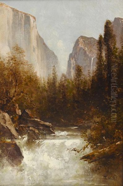 View Of Bridal Veil Falls, Yosemite Valley Oil Painting by Thomas Hill