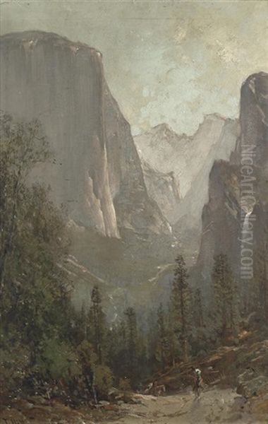 Riders Leaving The Yosemite Valley With El Capitan And Bridalveil Falls Beyond Oil Painting by Thomas Hill