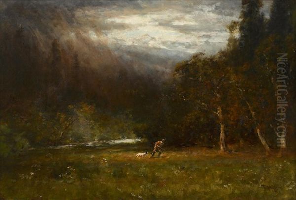 Hunter And His Dog In A Clearing Oil Painting by Thomas Hill