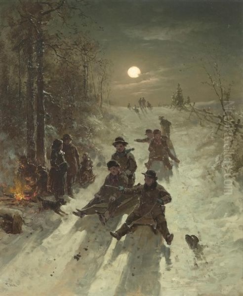 Tobogganing Oil Painting by Thomas Hill