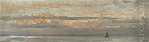 Boat On Calm Seas At Dusk Oil Painting by Thomas Hill