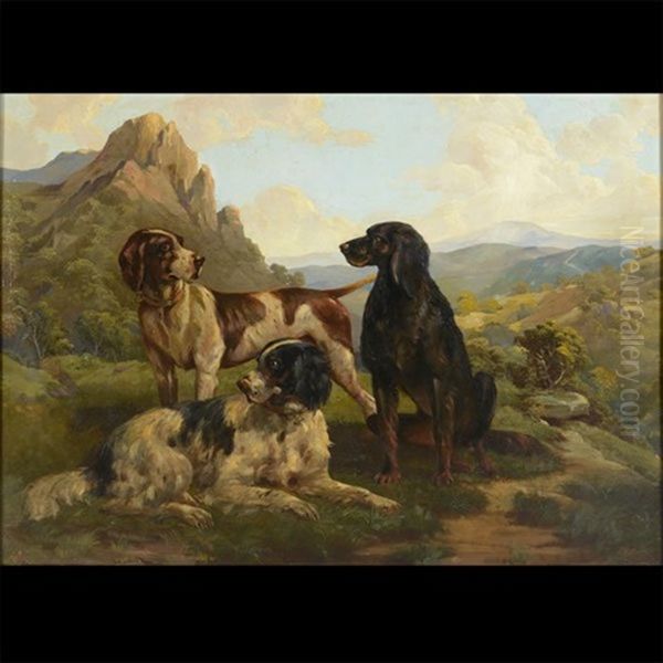 Three English Setters In A California Landscape Oil Painting by Thomas Hill