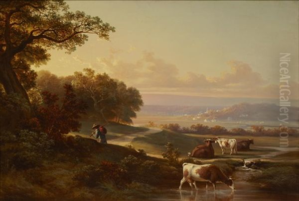 Sunset Pastoral Oil Painting by Thomas Hill