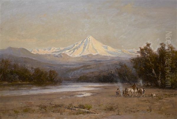 Indians With Mount Shasta In The Distance Oil Painting by Thomas Hill