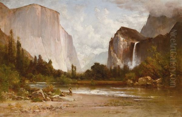 Indians Fishing In Yosemite Oil Painting by Thomas Hill