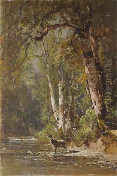 Deer By A Stream Oil Painting by Thomas Hill