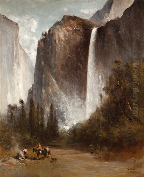 Indians At A Campfire Near The Base Of Bridal Veil Falls, Yosemite Oil Painting by Thomas Hill