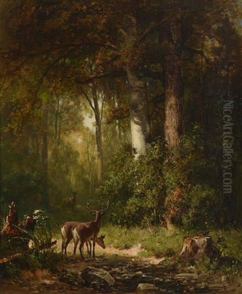 Deer In A Thicket Oil Painting by Thomas Hill