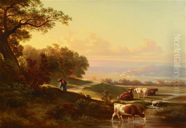 Sunset Pastoral Oil Painting by Thomas Hill