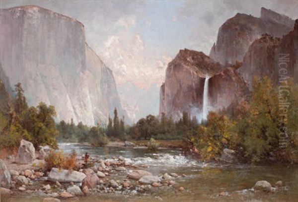 Fishing In The Yosemite Valley Oil Painting by Thomas Hill