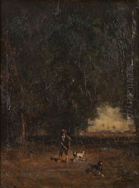 Hunter And Dogs In A Landscape Oil Painting by Thomas Hill