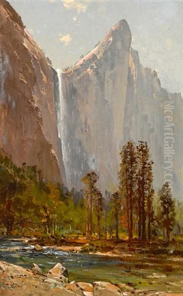 Bridalveil Fall And Leaning Tower Oil Painting by Thomas Hill