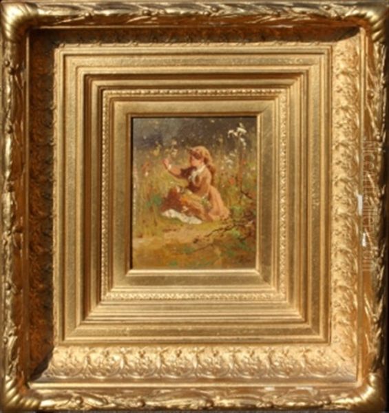 Seated Girl Picking Flowers Oil Painting by Thomas Hill